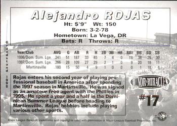 1998 Grandstand Martinsville Phillies #NNO Alejandro Rojas Back