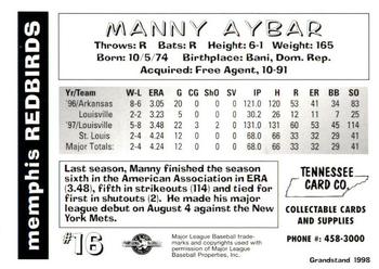1998 Grandstand Memphis Redbirds #NNO Manny Aybar Back
