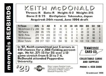 1998 Grandstand Memphis Redbirds #NNO Keith McDonald Back