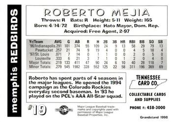 1998 Grandstand Memphis Redbirds #NNO Roberto Mejia Back