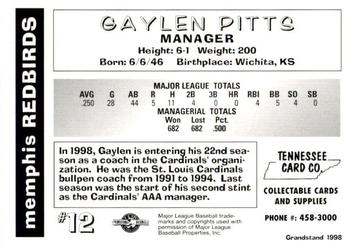 1998 Grandstand Memphis Redbirds #NNO Gaylen Pitts Back