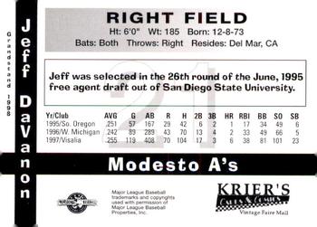 1998 Grandstand Modesto A's #NNO Jeff DaVanon Back