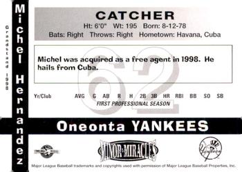 1998 Grandstand Oneonta Yankees #NNO Michel Hernandez Back