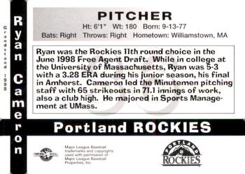 1998 Grandstand Portland Rockies #NNO Ryan Cameron Back