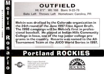 1998 Grandstand Portland Rockies #NNO Melvin Rosario Back