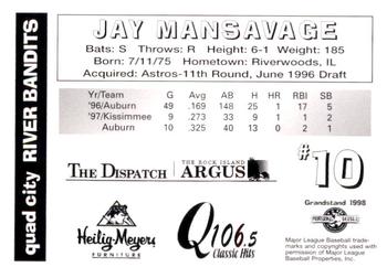 1998 Grandstand Quad City River Bandits #NNO Jay Mansavage Back