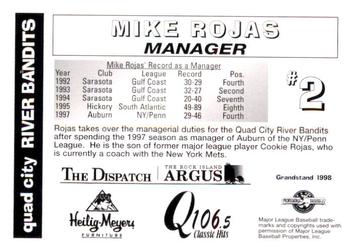 1998 Grandstand Quad City River Bandits #NNO Mike Rojas Back