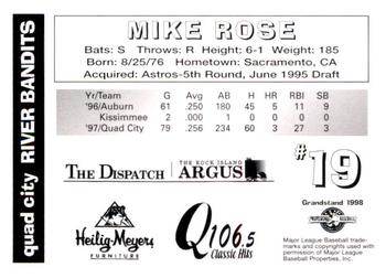 1998 Grandstand Quad City River Bandits #NNO Mike Rose Back