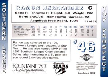 1998 Grandstand Southern League Top Prospects #12 Ramon Hernandez Back
