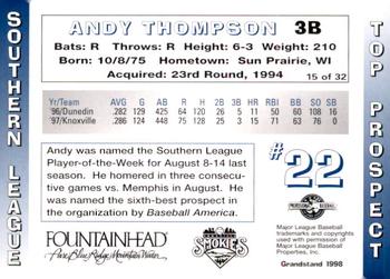 1998 Grandstand Southern League Top Prospects #15 Andy Thompson Back