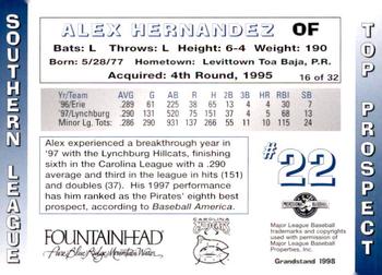 1998 Grandstand Southern League Top Prospects #16 Alex Hernandez Back
