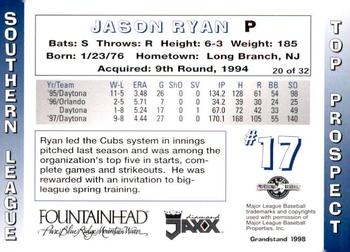 1998 Grandstand Southern League Top Prospects #20 Jason Ryan Back