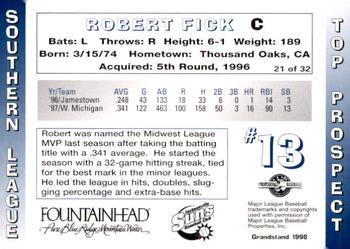 1998 Grandstand Southern League Top Prospects #21 Robert Fick Back
