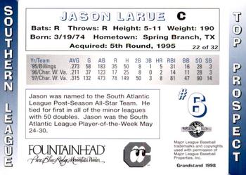 1998 Grandstand Southern League Top Prospects #22 Jason LaRue Back