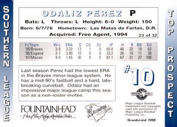 1998 Grandstand Southern League Top Prospects #23 Odalis Perez Back