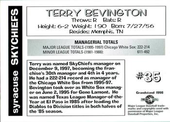 1998 Grandstand Syracuse SkyChiefs #NNO Terry Bevington Back