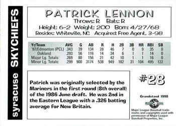 1998 Grandstand Syracuse SkyChiefs #NNO Patrick Lennon Back