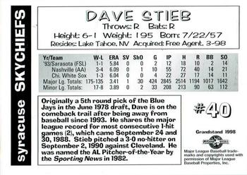 1998 Grandstand Syracuse SkyChiefs #NNO Dave Stieb Back