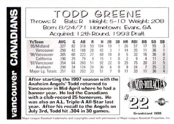 1998 Grandstand Vancouver Canadians #NNO Todd Greene Back