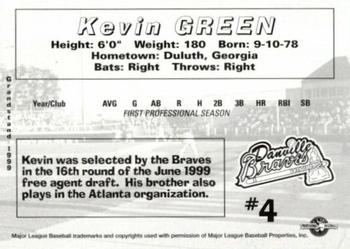 1999 Grandstand Danville Braves #NNO Kevin Green Back
