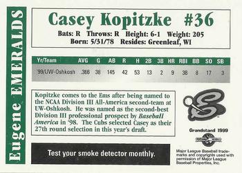 1999 Grandstand Eugene Emeralds #NNO Casey Kopitzke Back