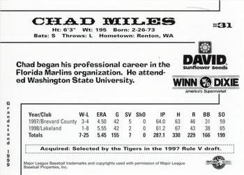 1999 Grandstand Jacksonville Suns #9 Chad Miles Back