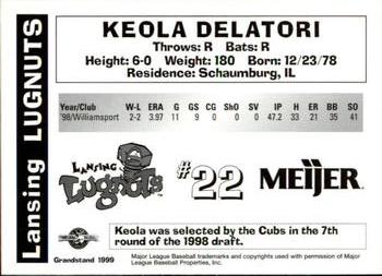 1999 Grandstand Lansing Lugnuts #NNO Keola Delatori Back