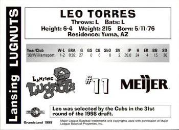 1999 Grandstand Lansing Lugnuts #NNO Leo Torres Back