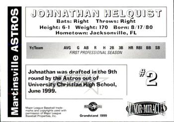 1999 Grandstand Martinsville Astros #NNO Jonathan Helquist Back