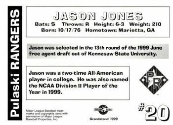 1999 Grandstand Pulaski Rangers #NNO Jason Jones Back