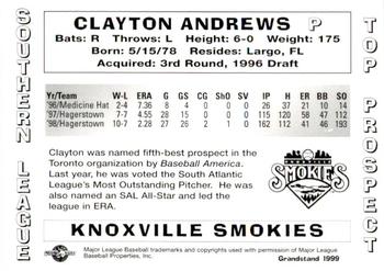 1999 Grandstand Southern League Top Prospects #NNO Clayton Andrews Back