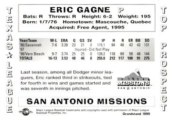 1999 Grandstand Texas League Top Prospects #NNO Eric Gagne Back