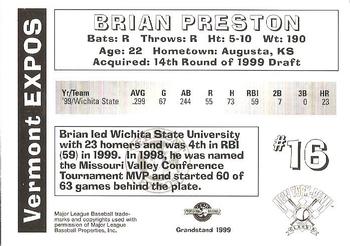 1999 Grandstand Vermont Expos #NNO Brian Preston Back
