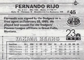 1999 Grandstand Yakima Bears #NNO Fernando Rijo Back