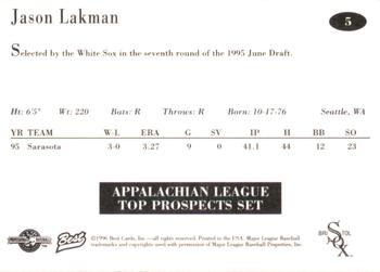 1996 Best Appalachian League Top Prospects #5 Jason Lakman Back