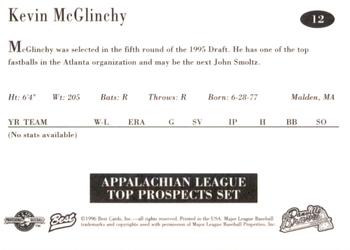 1996 Best Appalachian League Top Prospects #12 Kevin McGlinchy Back