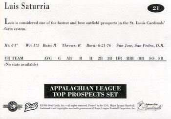 1996 Best Appalachian League Top Prospects #21 Luis Saturria Back