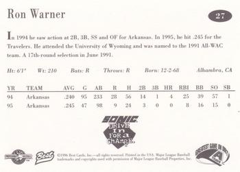 1996 Best Arkansas Travelers #27 Ron Warner Back