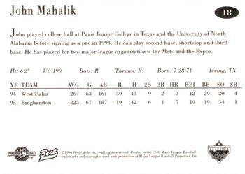 1996 Best Binghamton Mets #18 John Mahalik Back