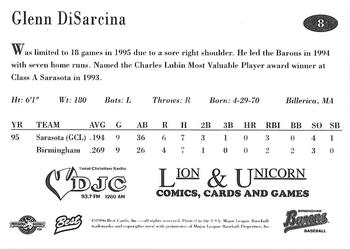1996 Best Birmingham Barons #8 Glenn DiSarcina Back