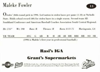 1996 Best Bluefield Orioles #13 Maleke Fowler Back