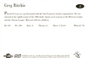 1996 Best Bristol White Sox #2 Greg Ritchie Back
