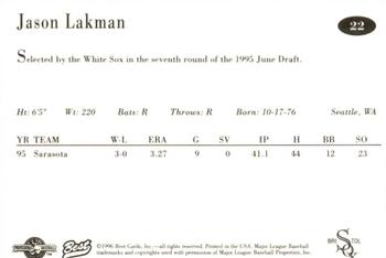 1996 Best Bristol White Sox #22 Jason Lakman Back