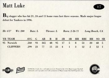 1996 Best Columbus Clippers #17 Matt Luke Back