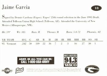 1996 Best Delmarva Shorebirds #18 Jaime Garcia Back