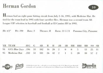 1996 Best Dunedin Blue Jays #10 Herman Gordon Back