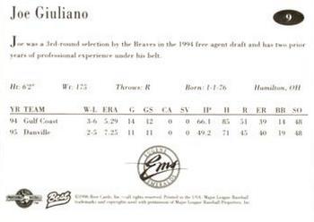 1996 Best Eugene Emeralds #9 Joe Giuliano Back