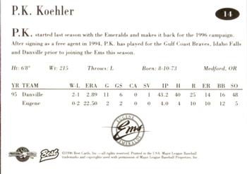 1996 Best Eugene Emeralds #14 P.K. Koehler Back