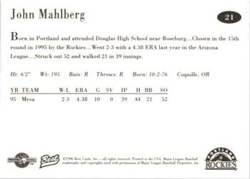 1996 Best Portland Rockies #21 John Mahlberg Back