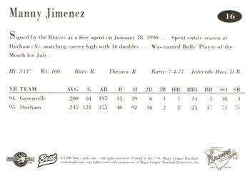 1996 Best Greenville Braves #16 Manny Jimenez Back